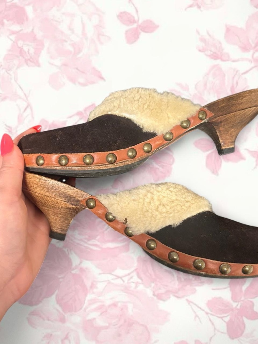 Miu Miu Brown Suede and Cream Shearling Clog Mules